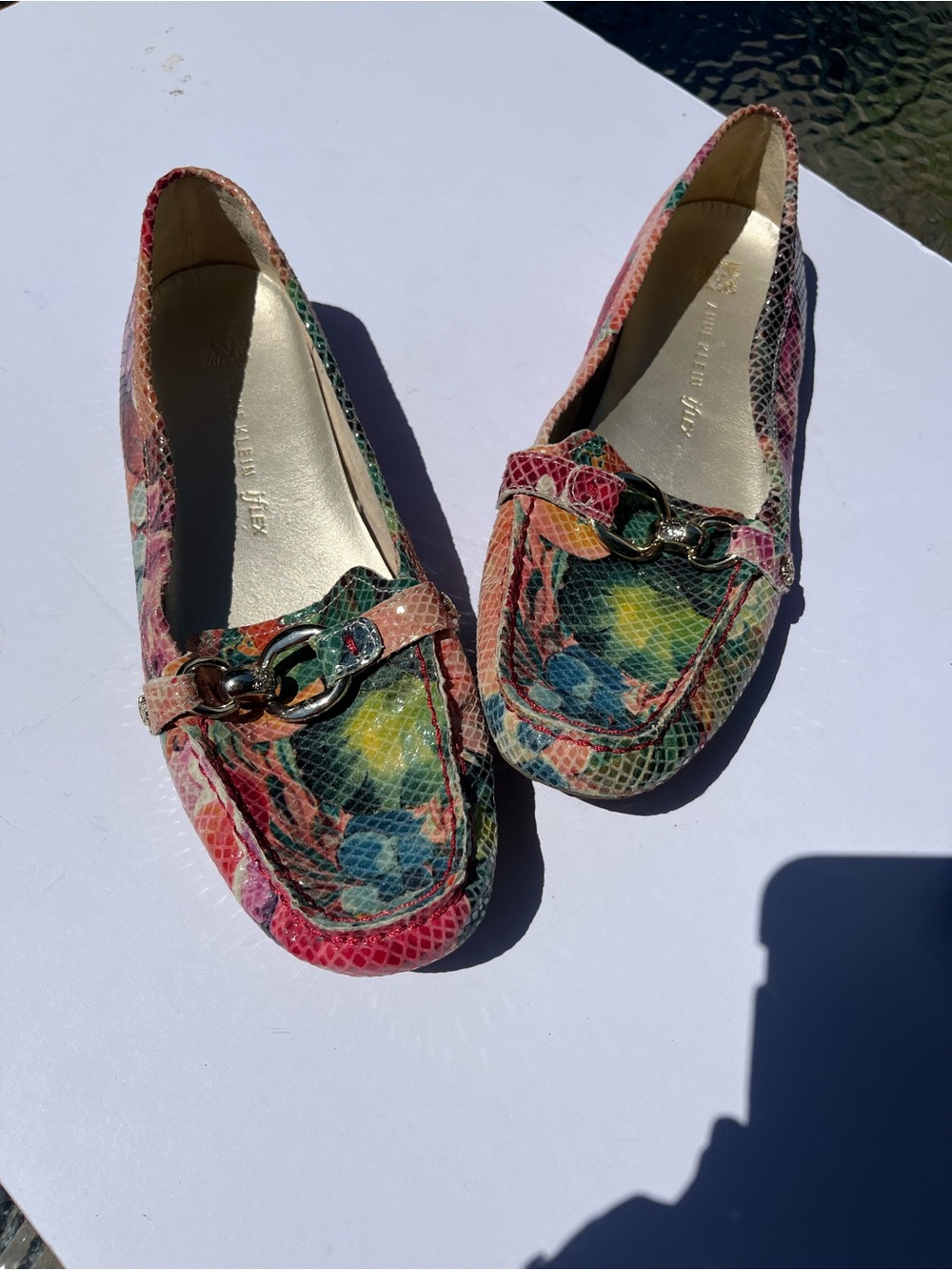 Anne Klein Leather Slip On Loafers Floral Gold Flats Akmyles Womens 10 M